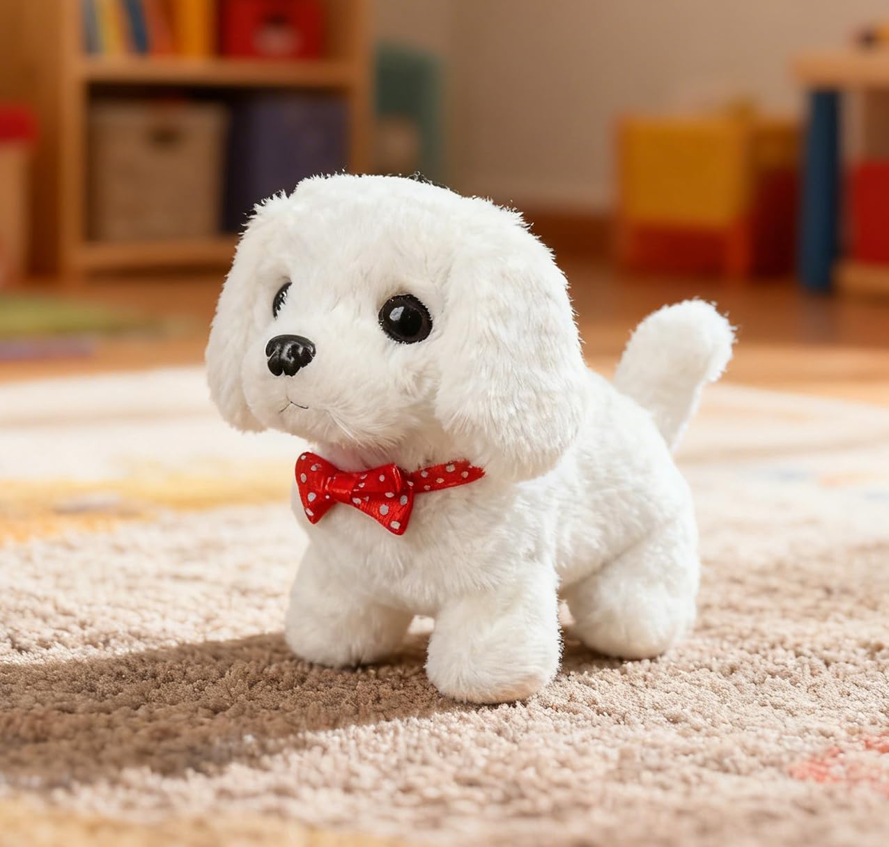 Electronic Interactive Dog Toy, White Plush Puppy with Wagging Tail, Singing, Walking, and Barking Functions, Red Bow Tie, Battery Powered Pet Toy for Kids