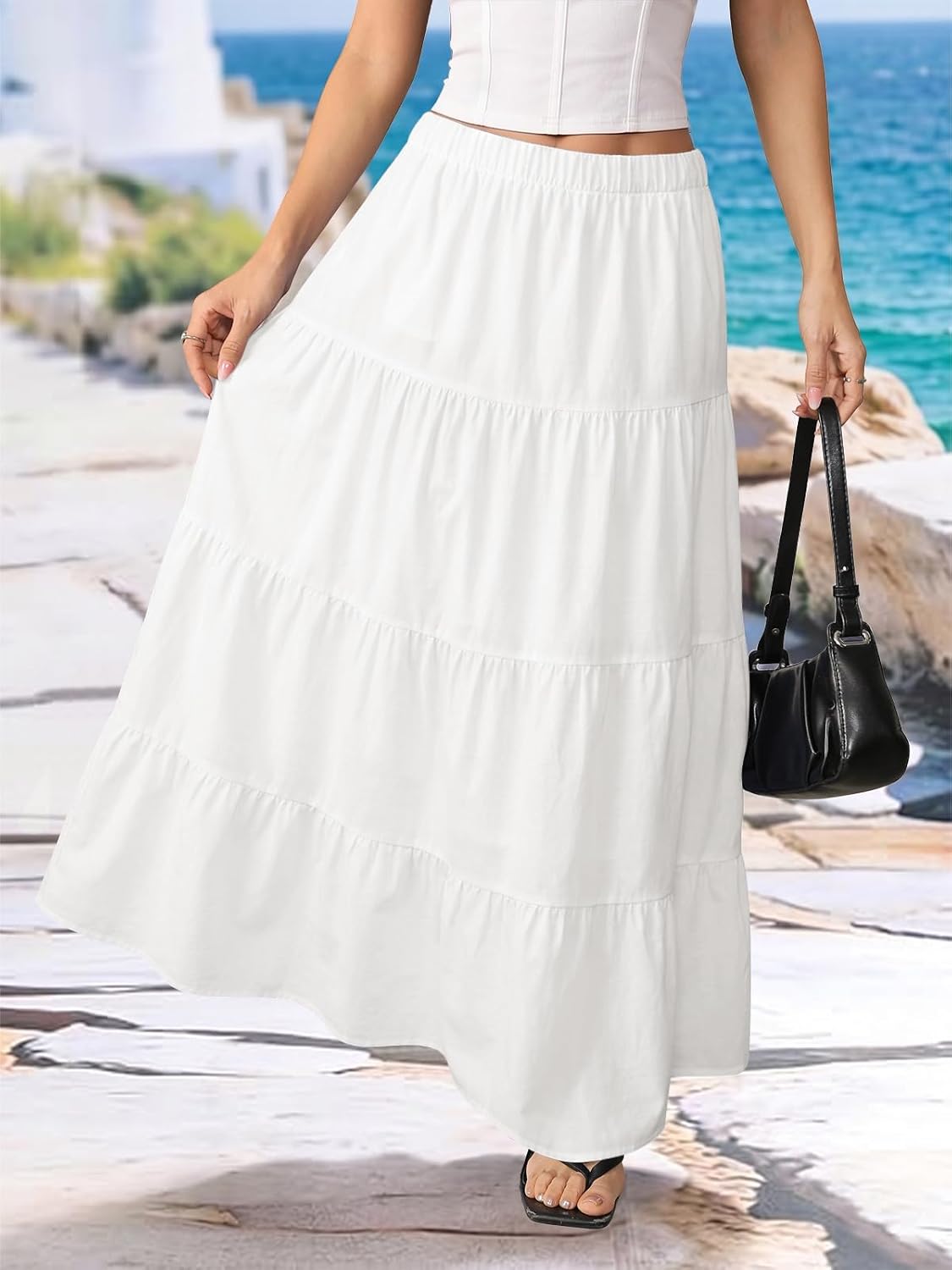 TITOMD Womens Boho Flowy Maxi Skirts Elastic Waist Flared Ruffle A Line Long Skirt 2026 Summer Vacation Beach Outfits