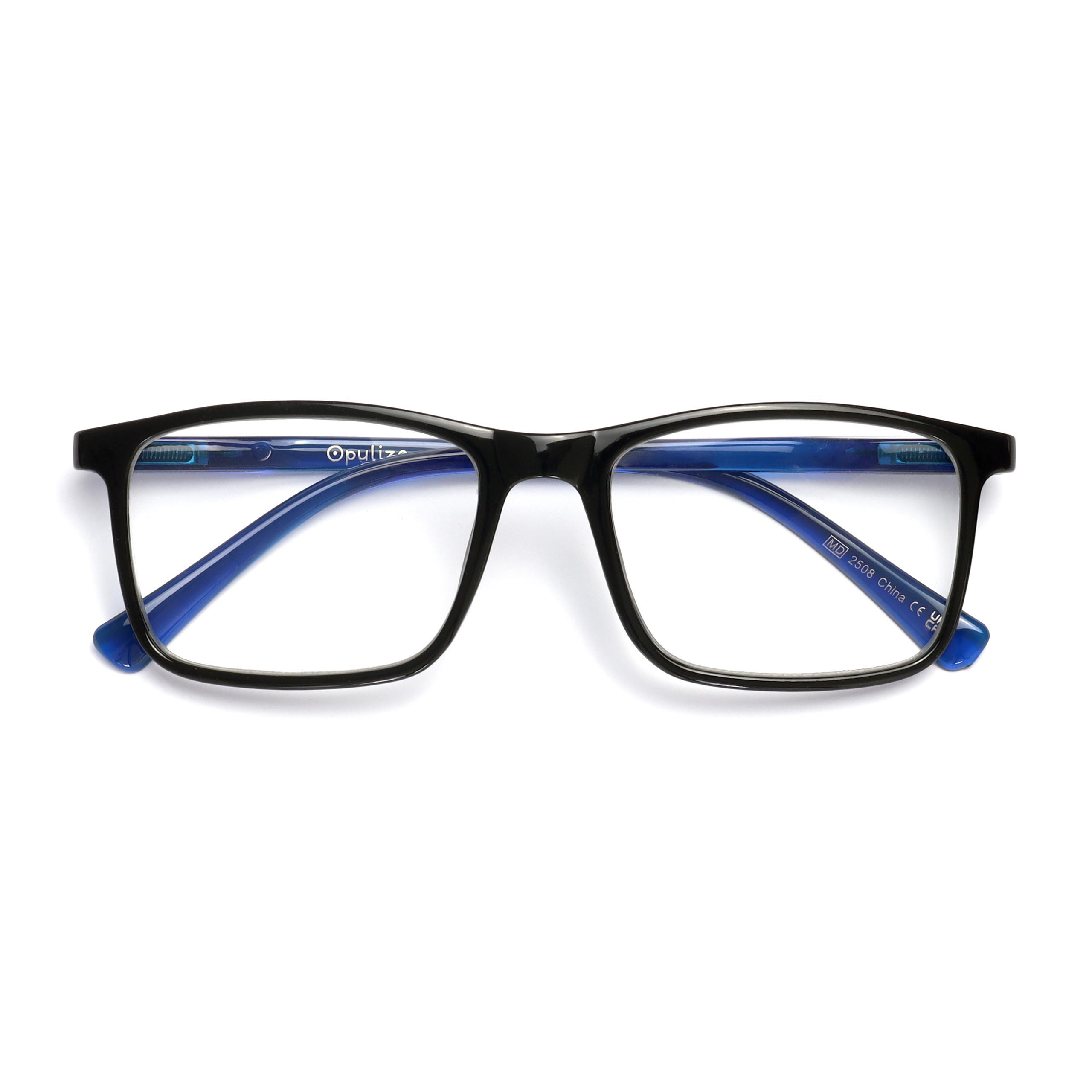 OPULIZE INK Reading Glasses - Large Rectangular Frame - Spring Hinges - Scratch Resistant - Black Blue Arm - Mens Womens +2.50