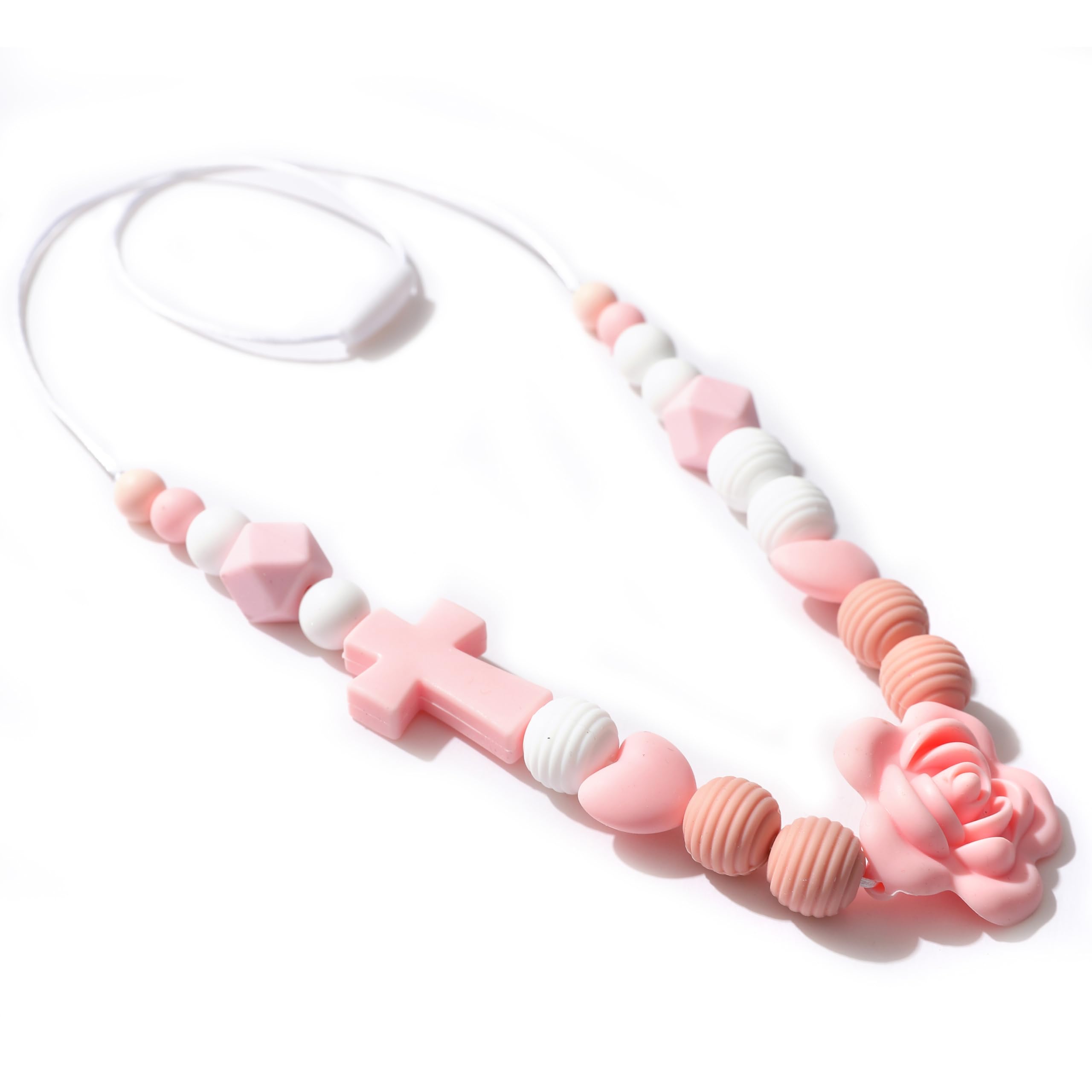 Jissoo Silicone Nursing Necklace - New Mother's Breastfeeding Supplies,Pink Rose Cross Silicone Necklace,Communion Baptism Party Decorations,Newborn Sensory Necklaces Silicone Jewelry