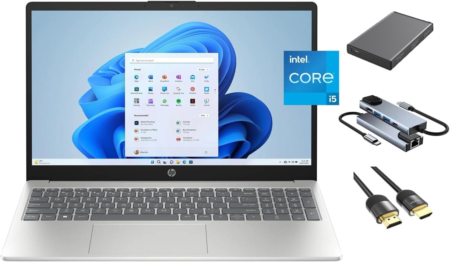 מחשב נייד HP 15.6 אינץ' FHD, תצוגה נגד סנוור, 10 ליבות Intel Core i5-1235U, 16GB RAM, 512GB SSD + 500GB רכזת אחסון ניידת, לוח מקשים, WiFi 6, מצלמת אינטרנט, USB-C, Win 11, כסף טבעי