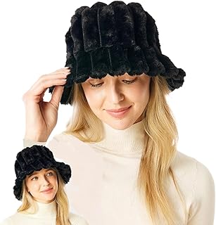 قبعة باكيت من الفرو الصناعي المخملي، قبعة شتوية دافئة منفوشة بتصميم مبطن ناعم، متوفرة لون اسود