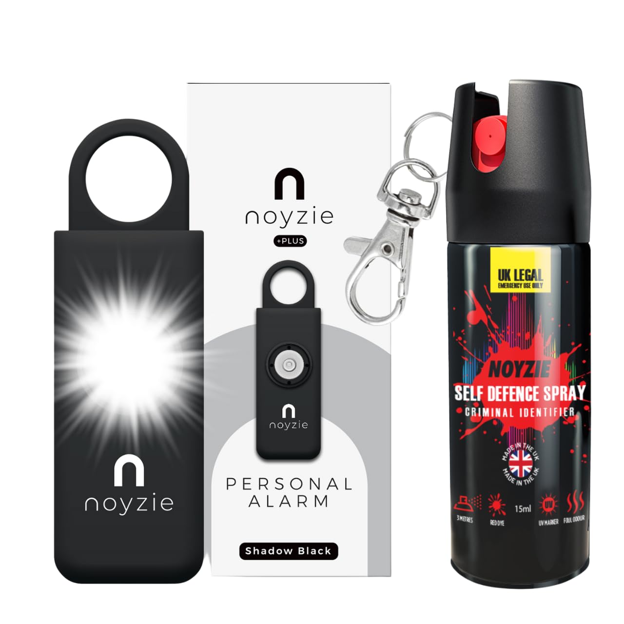 Self Defence Spray & LOUD Personal Safety Alarm NOYZIE UK Legal Pepper Spray Alternative with UV Marking & Keychain - Criminal Identifier Spray for Personal Protection