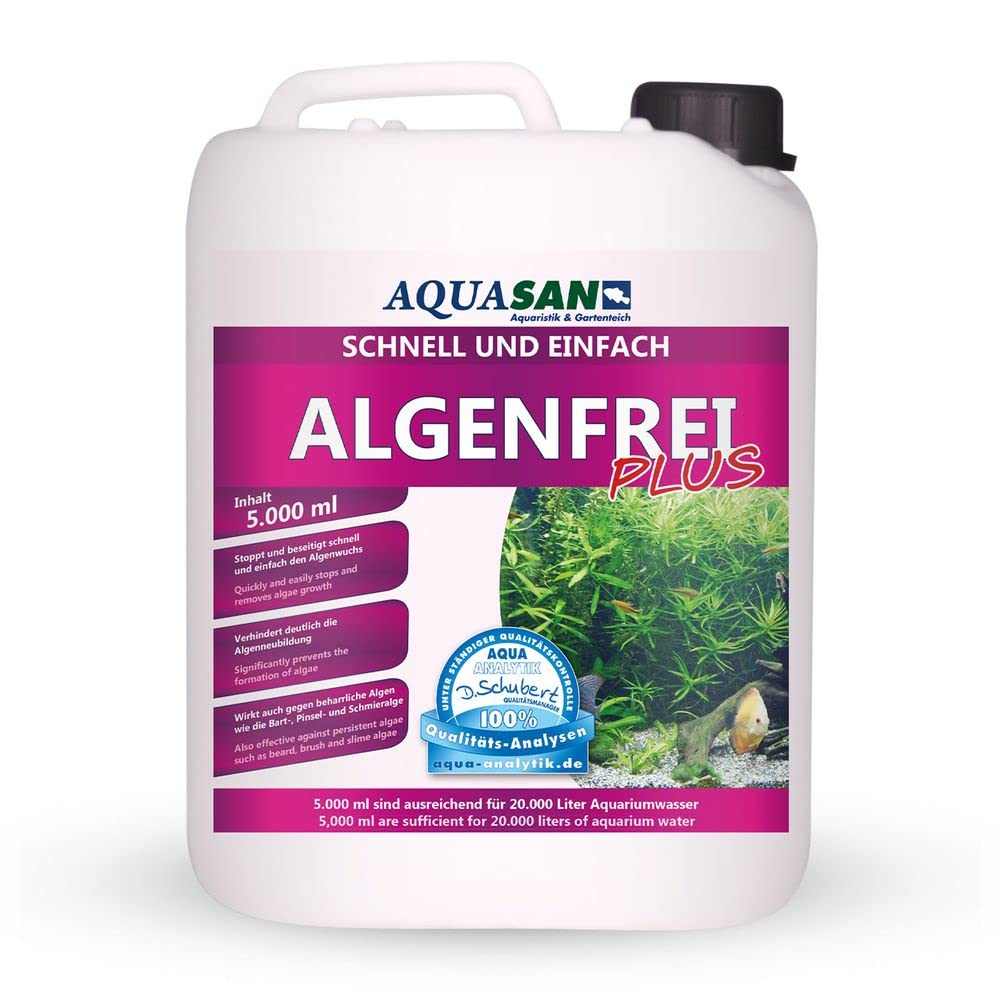 AQUASAN Aquarium Algenfrei Plus (Aquarium Algenvernichter, Algenentferner - Gegen nahezu alle Algen - Bartalgen, Pinselalgen, Schmieralgen), Inhalt:5 Liter