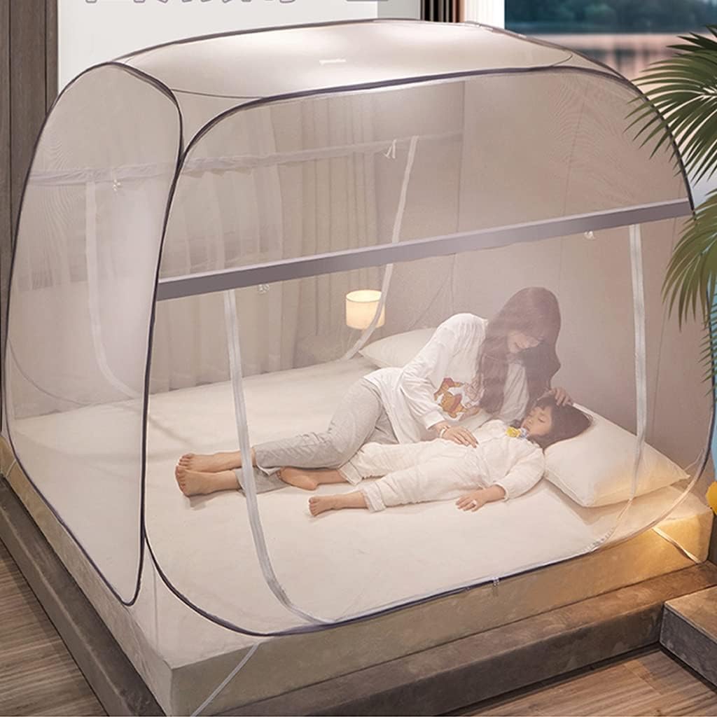 Mosquitera para Cama, Tienda De Mosquitera Emergente para Uso En Interiores Y Exteriores, Mosquitera Portátil De Viaje De Doble Puerta con Fondo De Red, Mosquitera con Borde Gris, 2m*2.2m*1.5m