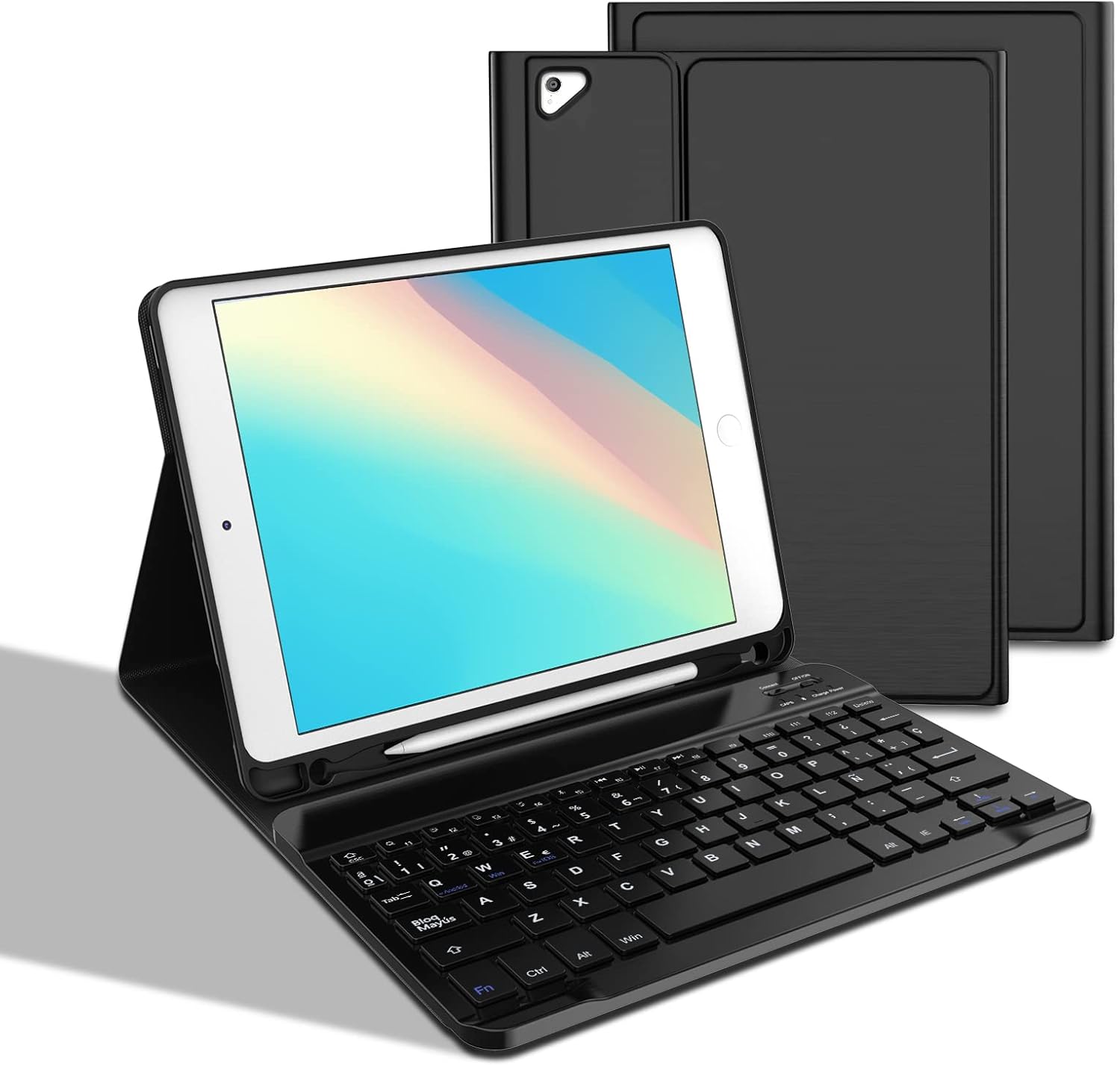 AVNICUD Teclado con Funda para iPad 9.7 2018/2017, iPad Air 2/1, iPad Pro 9.7, iPad 6ª/iPad 5ª Generación, Teclado Desmontable Bluetooth Español Funda con Cubierta Magnética Delgada, Negro