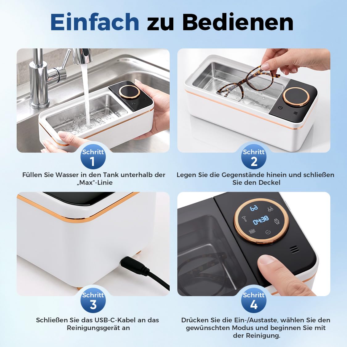 Ultraschallreinigungsgerät, 450ML Brillenreinigungsgerät, 55000Hz Ultraschallreiniger Brille, Mit 6-Stufigem Digitaltimer, Gründliche Reinigung von Brillen, Zahnprothesen, Münzen, Schmuck und Uhren.