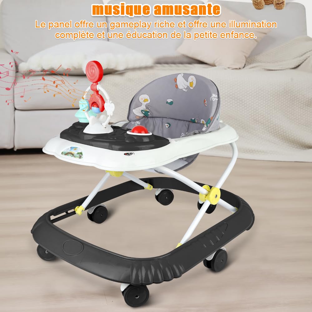 OHMG Trotteur Babywalker 5 en 1 Chariot d'éveil et de marche Trotteur,Fonction basculante Transat avec roulettes,Lumière,Musique,Aire de jeu Table à manger Trotteur Pliable