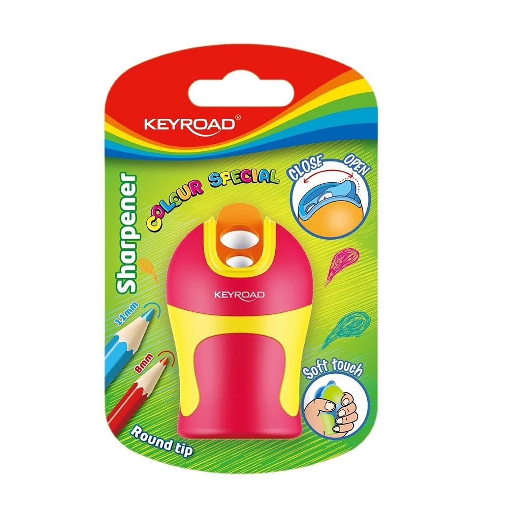 KEYROAD Ergonomic Double Pencil Sharpener Soft Touch / 1 Piece/Plastic/Steel Blades/Pencils and Coloured Pencils/Blister - Mixed Colours/for Nursery Preschool and School