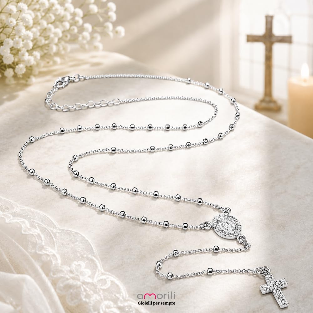 Collana Rosario Donna in Argento 925 con Zirconi – Collana Religiosa Cattolica Cristiana di Fede – Gioiello Elegante Idea Regalo cll1384b
