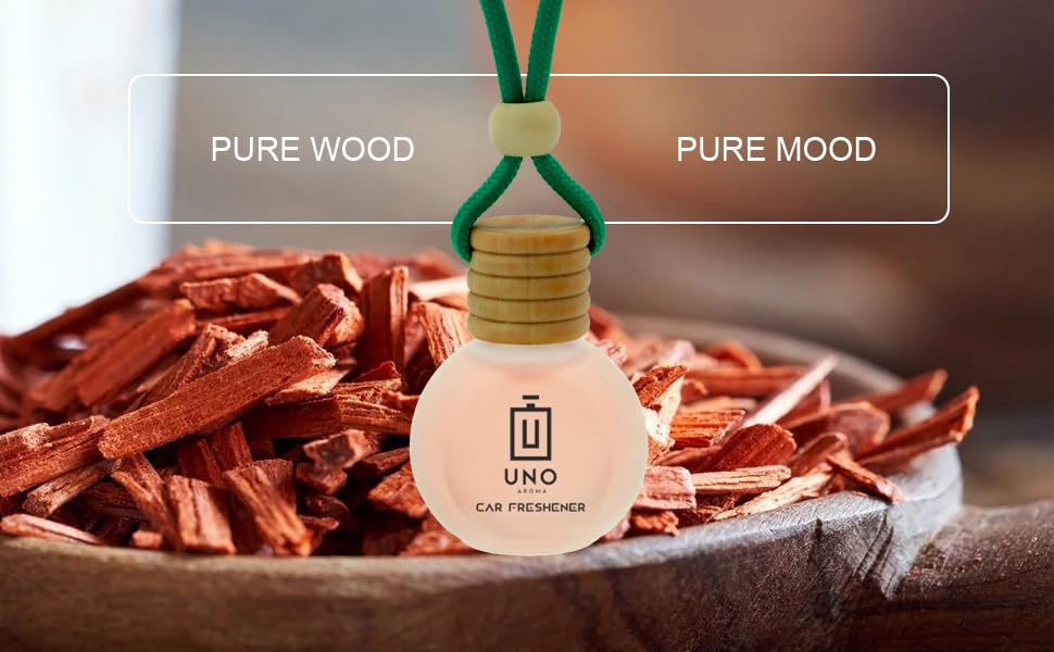 Image of UNOAROMA Sandal Wood Car Air Freshener, Long Lasting Hanging car perfume, Toxin-Free Oil in Glass Bottle with Wooden Diffuser, Car Accessories for fresh aroma, Last Upto-60 Days (15mlx2)