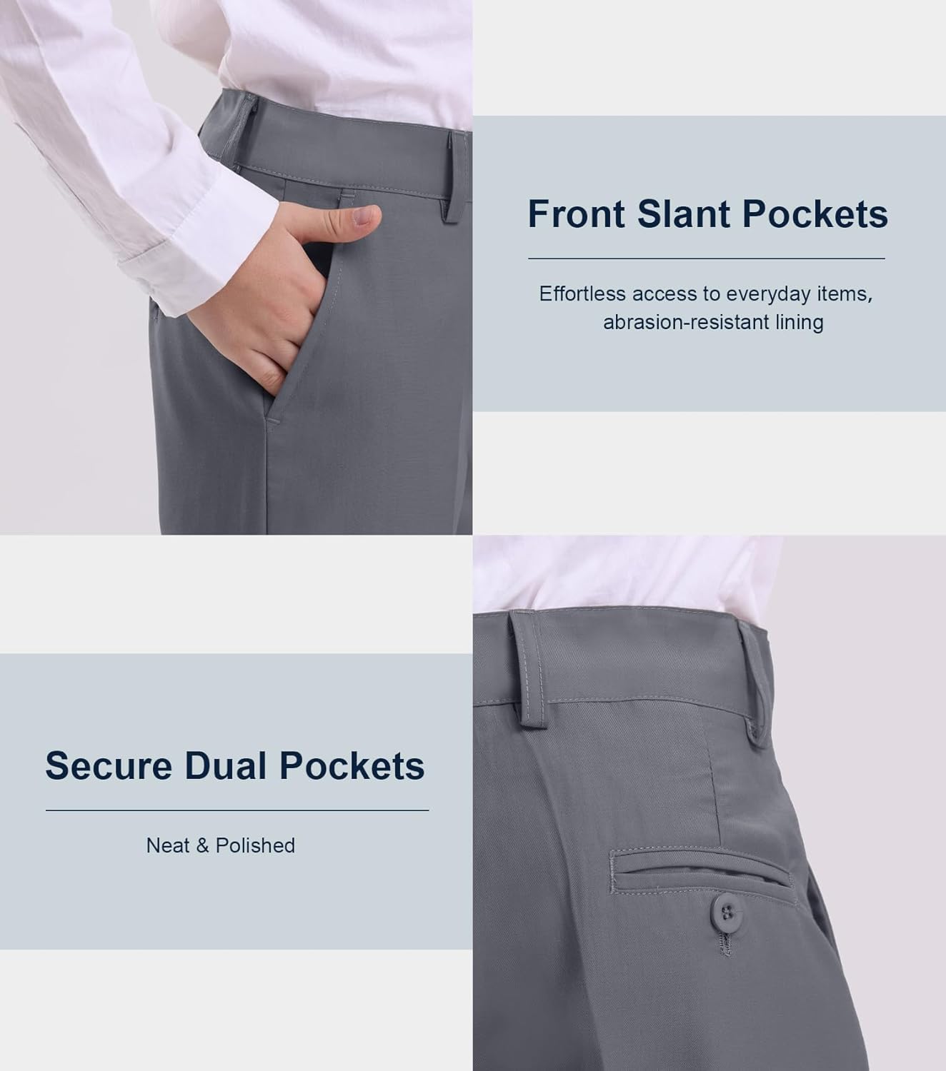 Dreammonkey 5T-20Years Boys Flat Front Dress Pants Uniform Pants Adjustable Waistband for Toddler to Youth with Pockets - Image 2