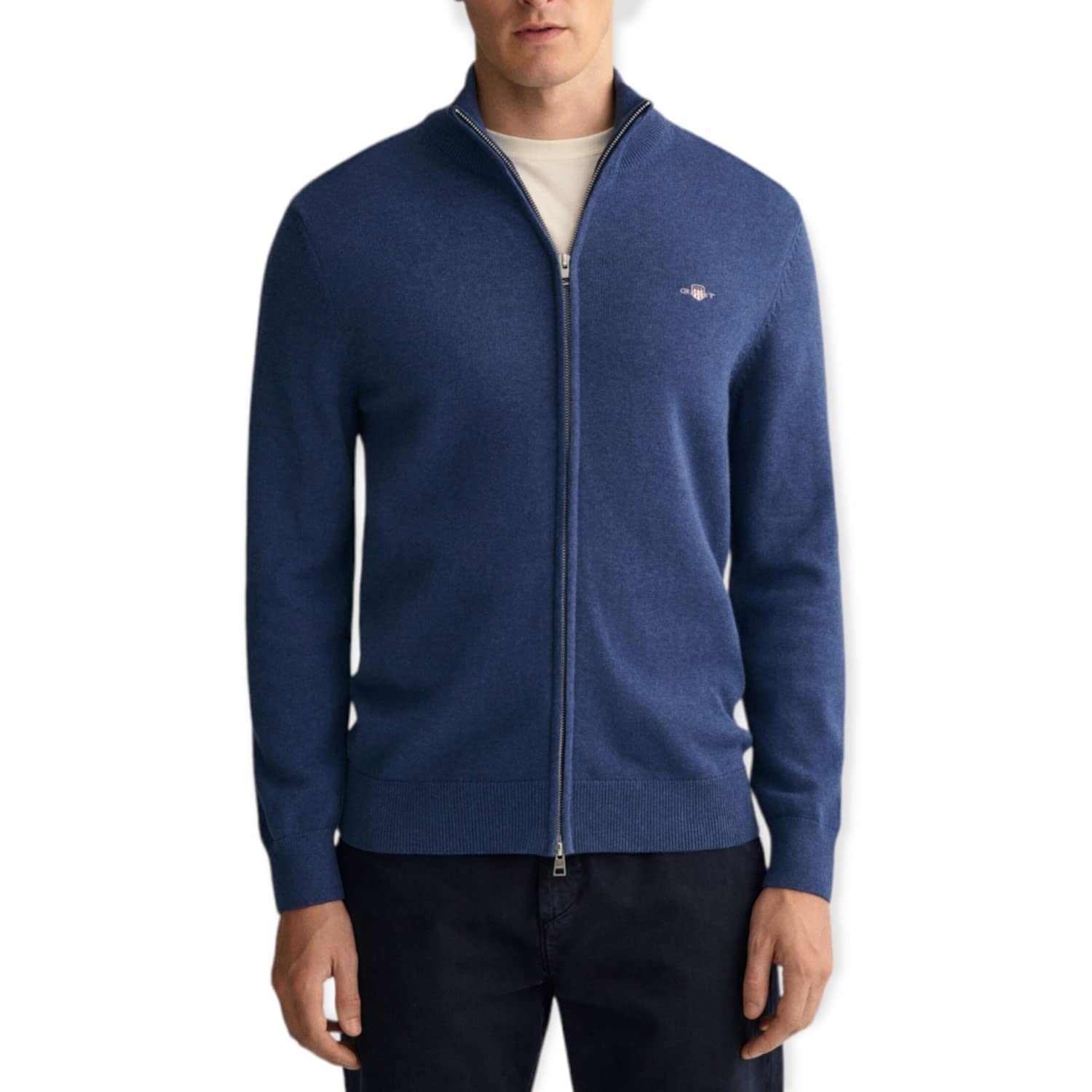 GANT Mens Casual Cotton Zip Cardigan, Dark Jeansblue Melange, XL