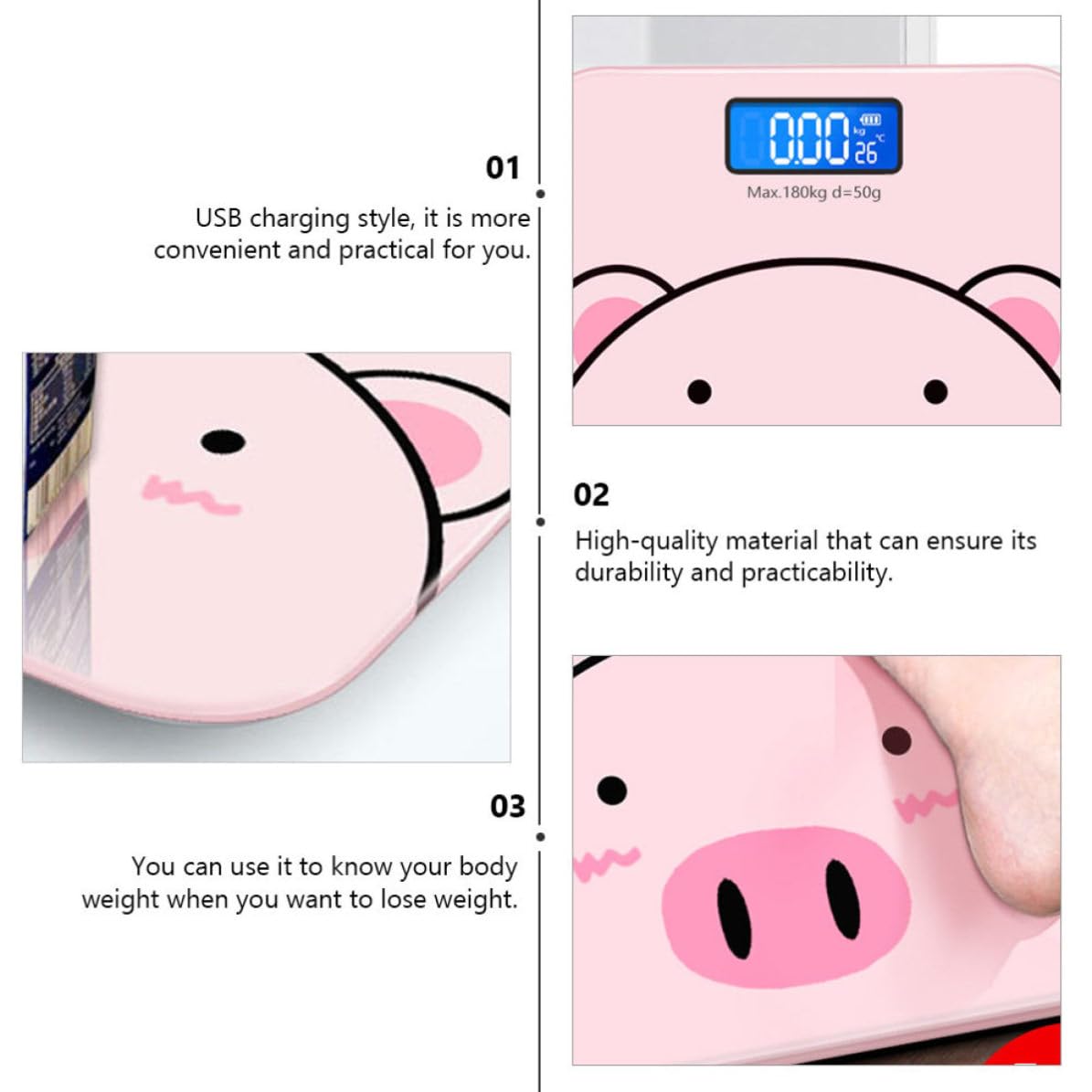 Báscula de Peso Corporal de Dibujos Animados Rosa de Vidrio Templado | Pantalla Lcd Nocturna de Alta Definición, Capacidad 0,2-180kg, Uso Doméstico Práctico
