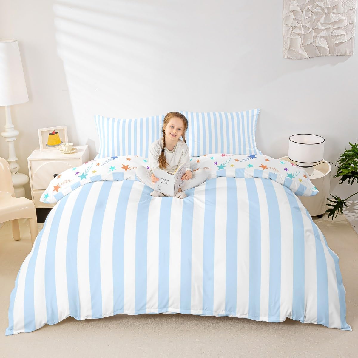 Feelyou White Blue Striped Duvet Cover Twin Size Striped Bedding Set for Boys Girls Geometric Comforter Cover Basic Simple Bedroom Decor 2Pcs No Comforter 1 Pillowcase