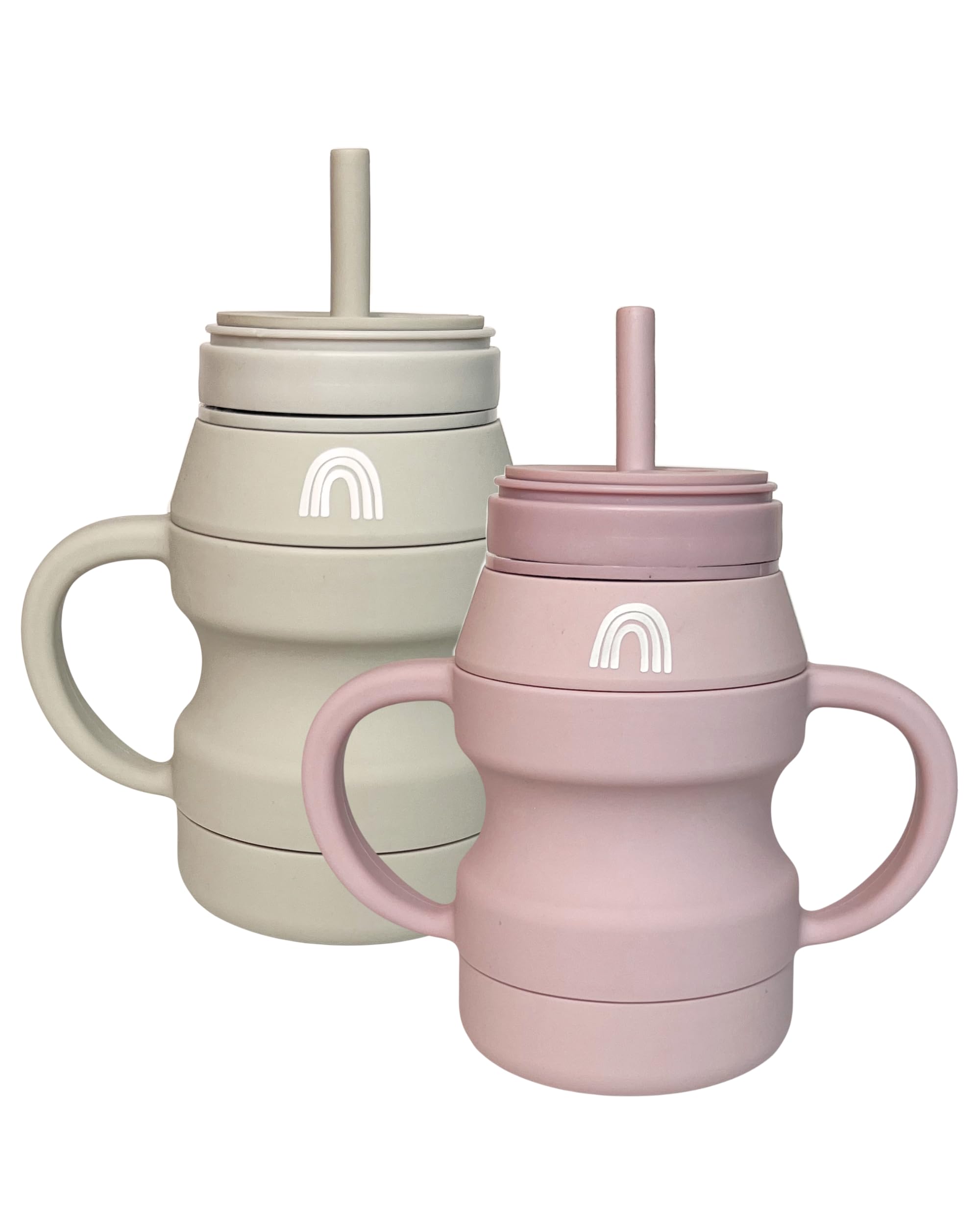 Hippypotamus Silicone Transition Cups - Squeeze-Proof Toddler Cups With Straw & Lid - Removable Handles - Set of 2 (Blush/Nude)