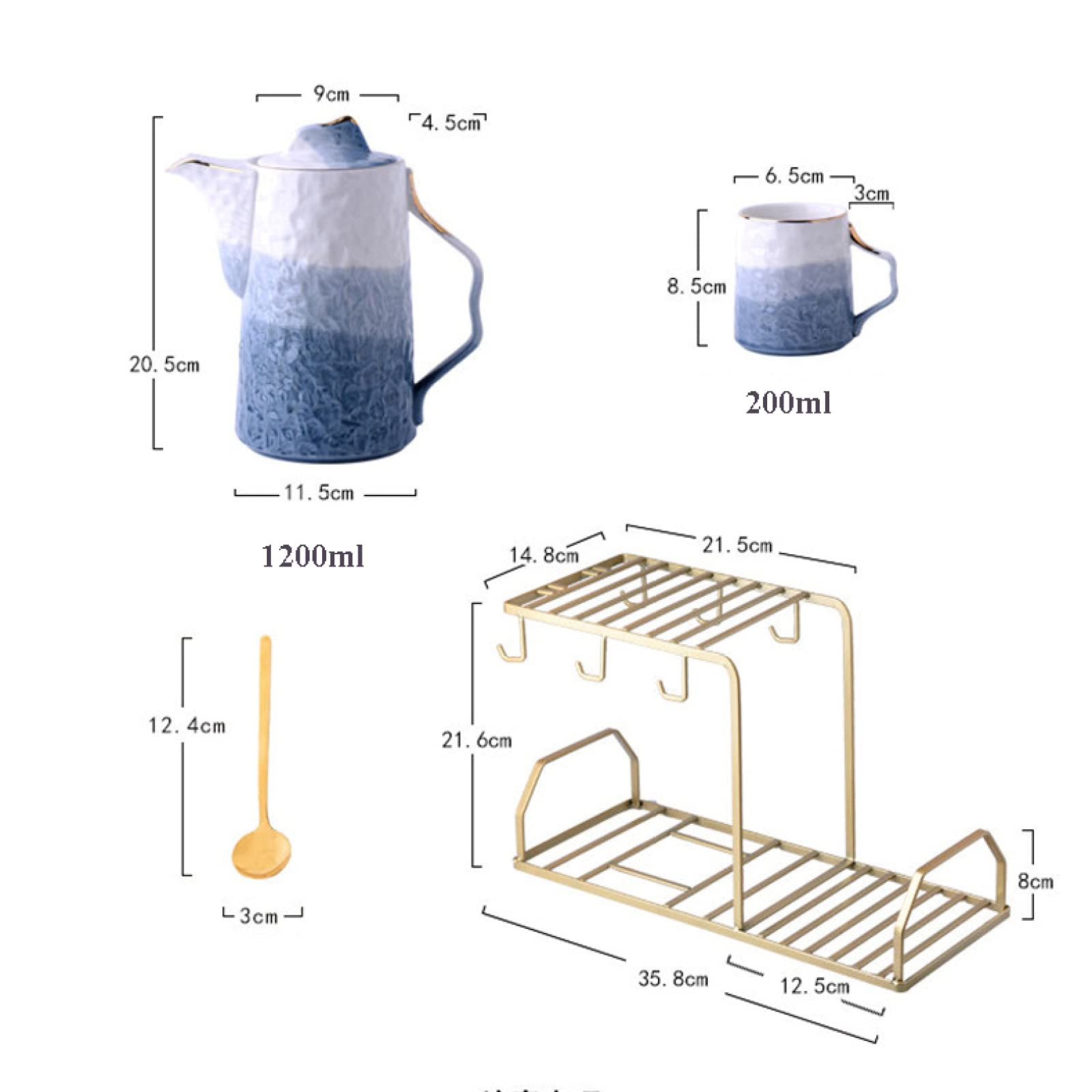 Service à thé en Porcelaine Anglaise Bleue 8 pièces pour Adultes, Une théière, Un Ensemble de 6 Tasses à café avec Support en métal
