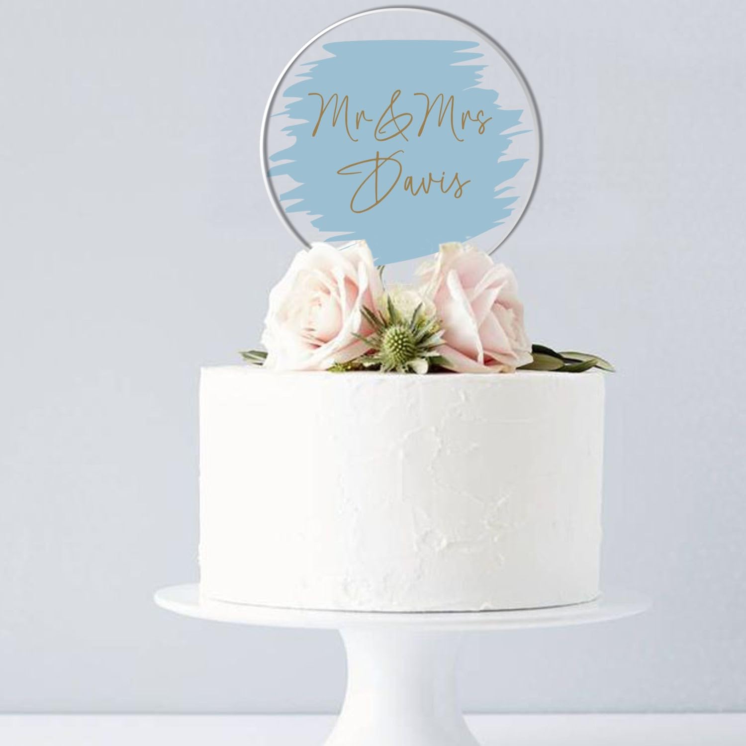 Personalised Wedding Acrylic Cake Topper for Weddings Anniversaries – Custom Mr & Mr, Mr & Mrs, or Mrs & Mrs Keepsake with Surname in 8 Pastel Colours for All Couples (Blue)