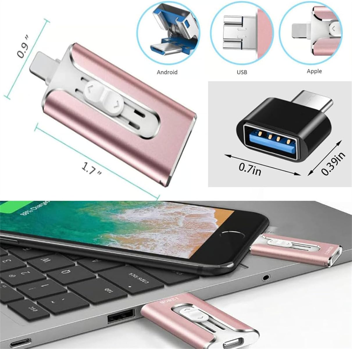 Periodicali 3 in 1 Flash Drive, 32 ~ 256 GB Micro USB + 8 pin + USB 3.0 3 in 1 U-Disk con adattatore di tipo C per telefoni/PC, per foto e file video (argento, 256 GB)