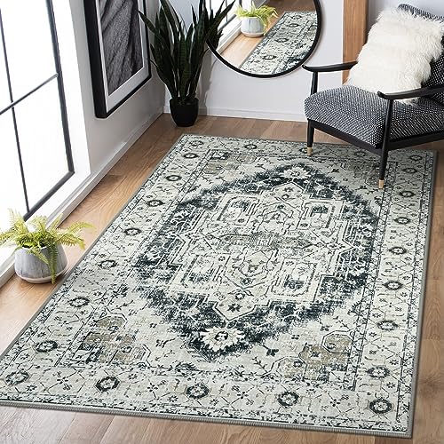 Lanffia Boho Medallion Area Rug - 3x5 Washable Bedroom Rugs Bohemian Entryway Rug Printed Bathroom Accent Mat, Distressed Soft Non Slip Bedside Carpet for Dorm Basement Foyer Living Room, Light Gray