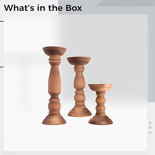 Miniatura 5 de 3 Piece Wooden Candle Holders Set, Rustic Farmhouse Pillar Stands, Brown Decorative Holders For Large Candles