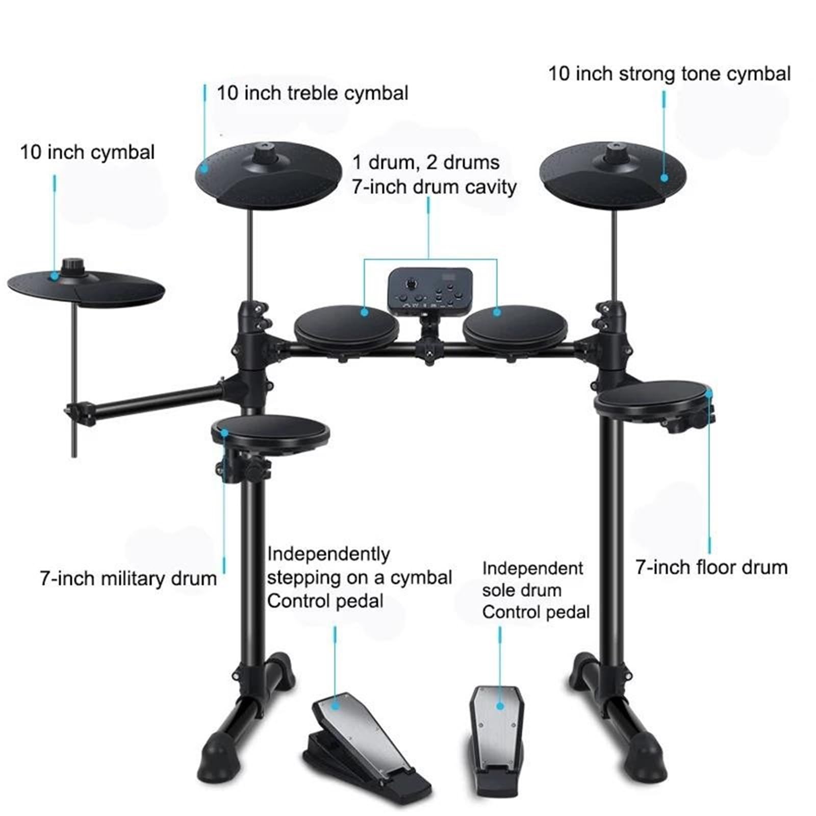 Czarno-biały, 5-bębnowy, 3-cymbalowy, Całkowicie Silikonowy Zestaw Perkusji Elektronicznej, 180 Tonów, Słuchawki USB MIDI(Black)
