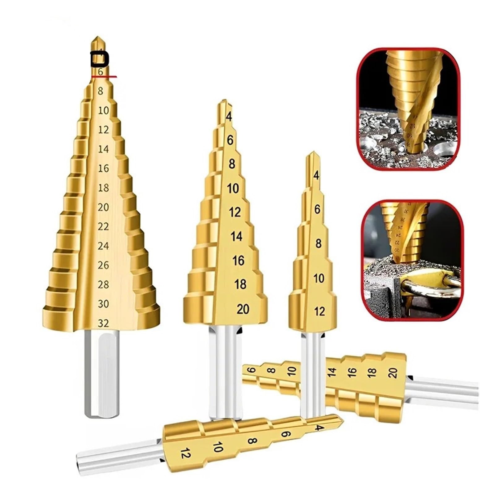 Herramienta eléctrica de broca escalonada cono HSS recubierta titanio | Cortador de agujeros multiusos for tareas de perforación en metal y madera.(3pcs Hexagon handle1)