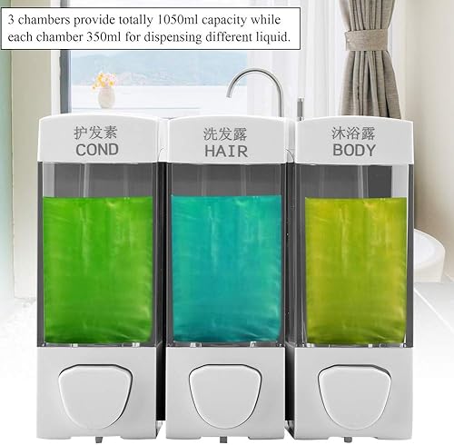 Miniatura 2 de Oumefar Dispensador de 3 cámaras y ducha montado en la pared, loción líquida, dispensador de champú manual, dispensador de ducha, 3 cámaras, sin