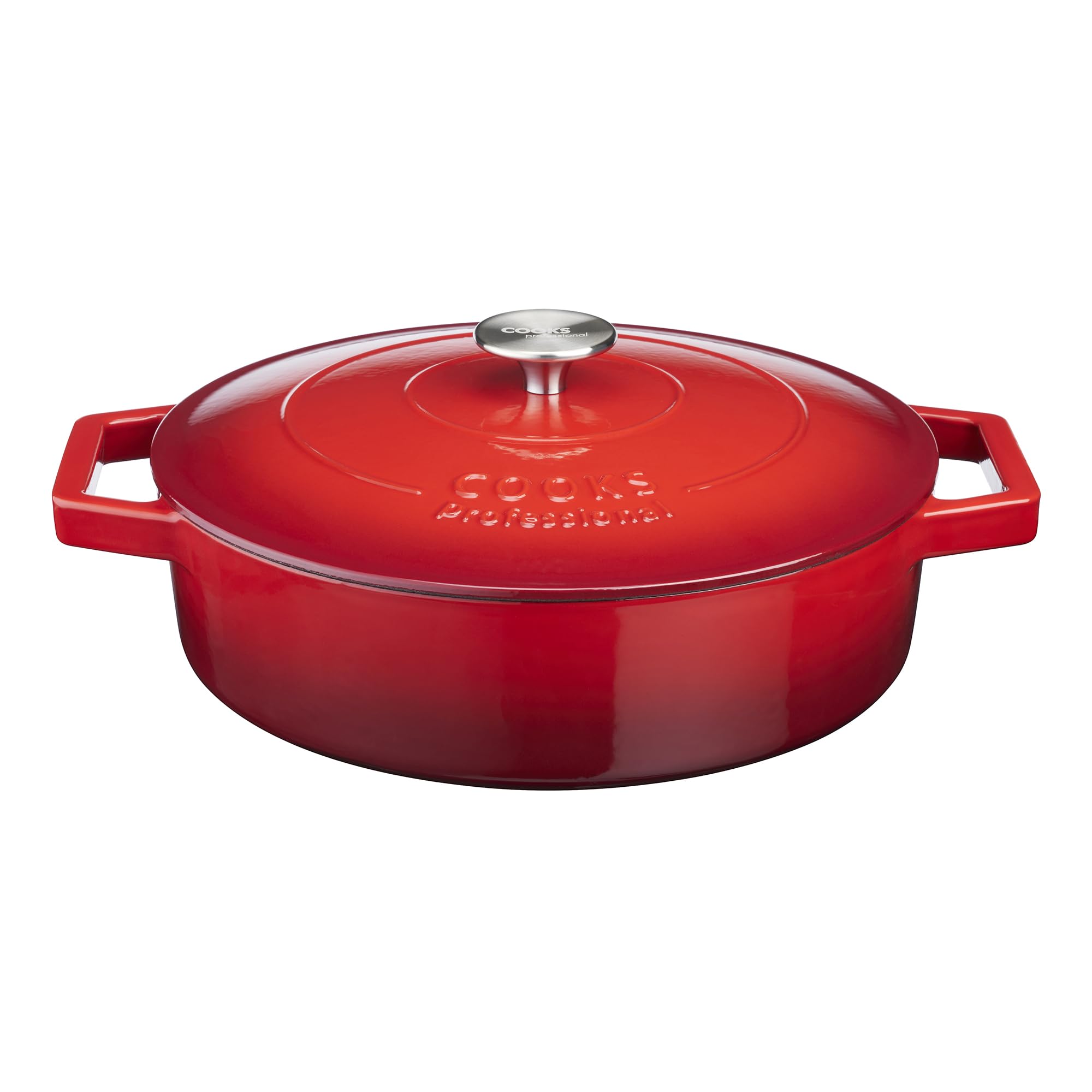 Cooks Professional 28cm Cast Iron Shallow Casserole Dish 4.3L with Lid & Handles | Colourful Modern Enamelled Cooking Pan Pot | Suitable For All Hobs Inc Induction | Oven & Grill Safe | Red