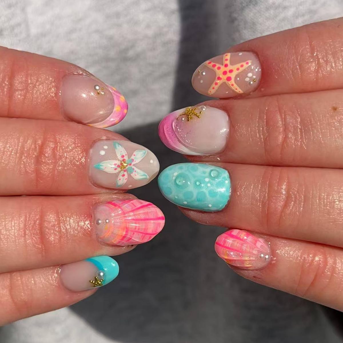Summer Press on Nails Short Almond Beach Fake Nails