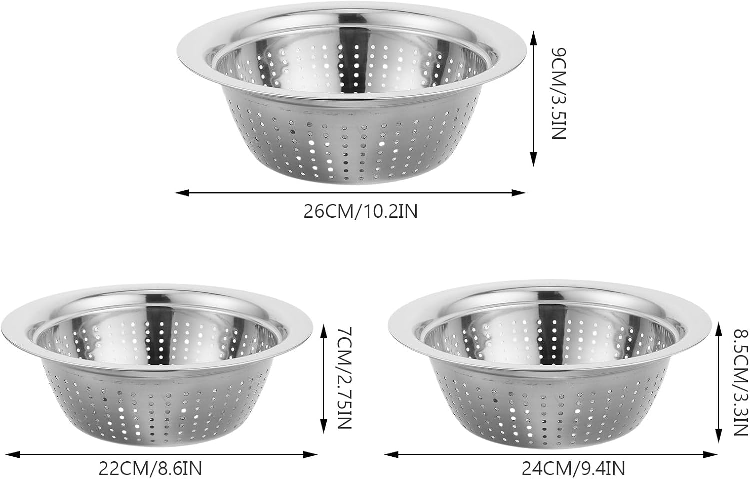 3pcs Stainless Steel Rice Washing Bowls Set, Food Strainer Colanders with Deep Basin, Multi-functional Vegetable and Fruit Rinsing Bowls for Kitchen Use