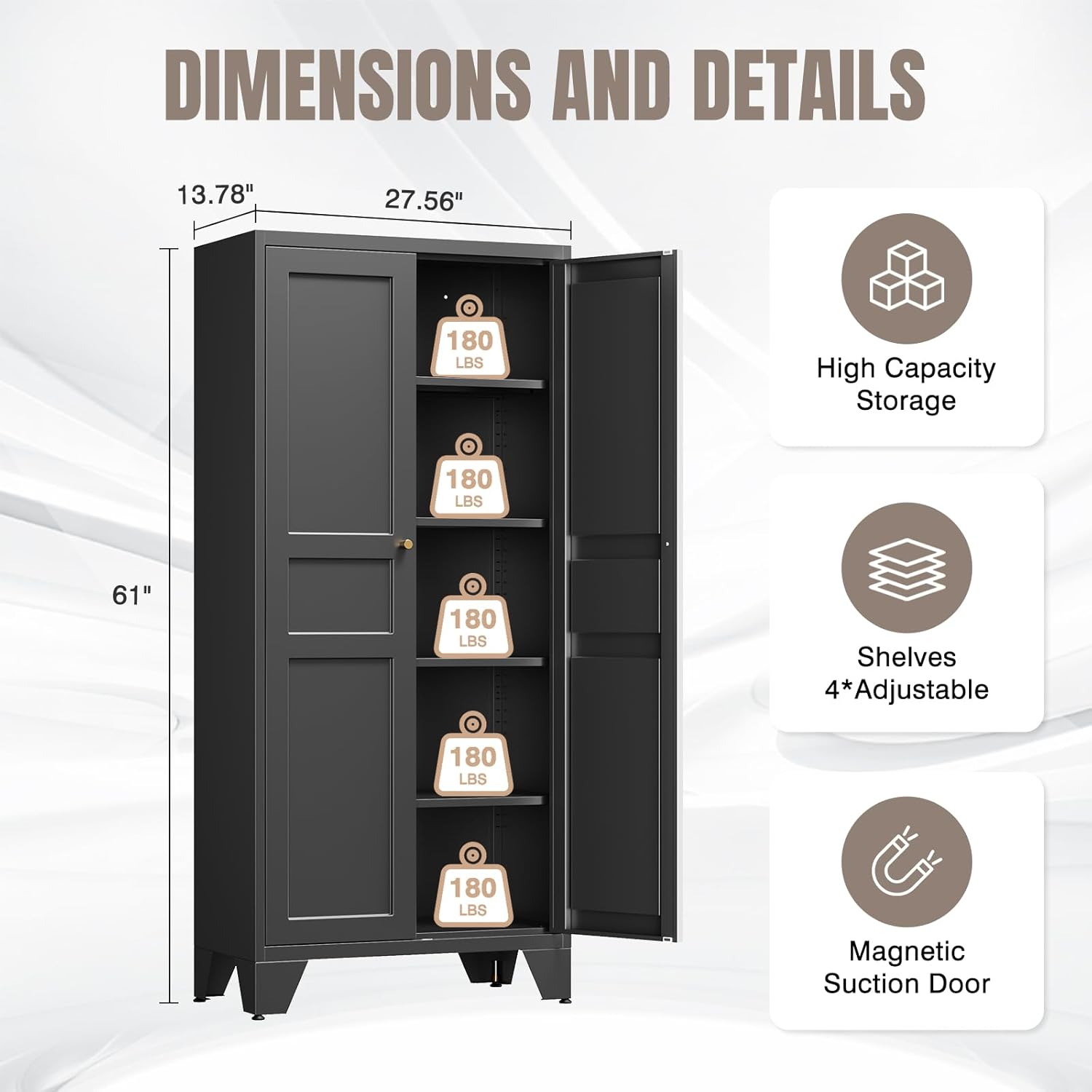 Yizosh Metal Pantry Cabinet,Tall Kitchen Pantry Storage Cabinet with Doors and Adjustable Shelves - 61" Black Cupboard Cabinet for Kitchen, Living Room,Dining Room,Home