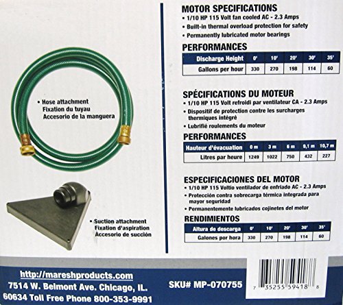 Portable Mini Electric Water Transfer Utility Sump Pump 330 Gph 115-Volt With Metal Connectors That Are Standard & 3/4" Garden Hose. Great For Removing Water From Aquariums, Outdoor Ponds, Seepage #TOP4