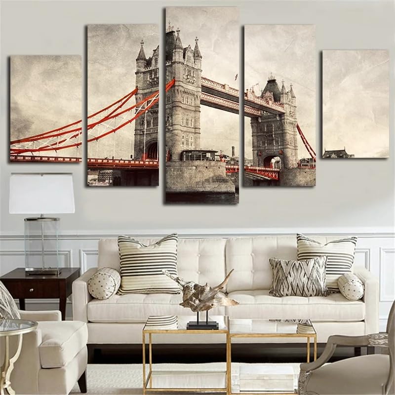 Tableau decoration murale 5 parties London River Thames toile avec cadre