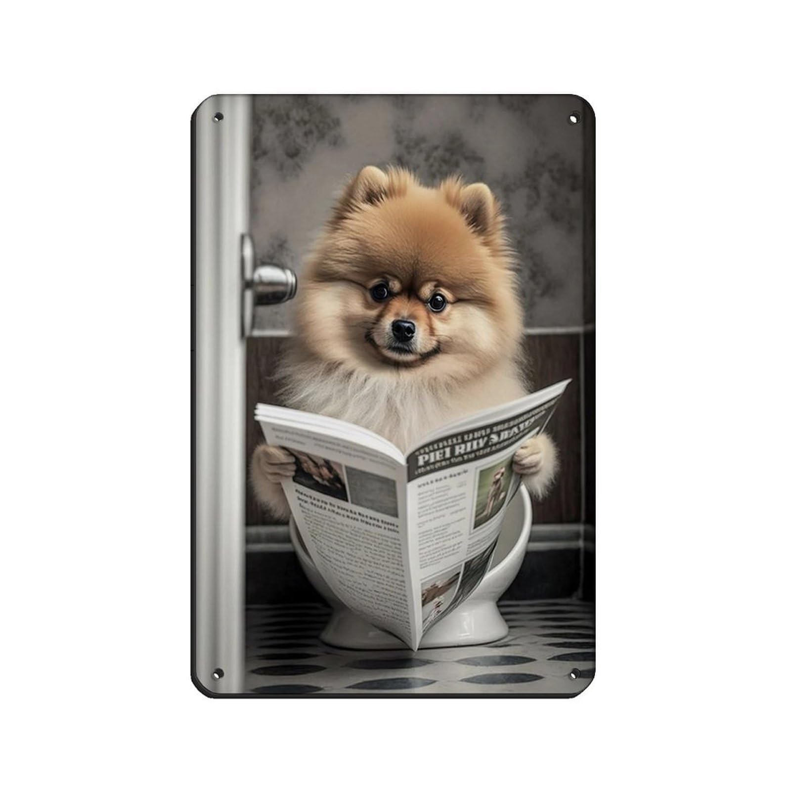 Pomeranian Sitting on The Toilet Reading A Newspaper Retro Poster Metal Tin Sign Chic Art Retro Iron Painting Bar People Cave Cafe Family Garage Poster Wall Decoration 8x12inch(20x30cm)
