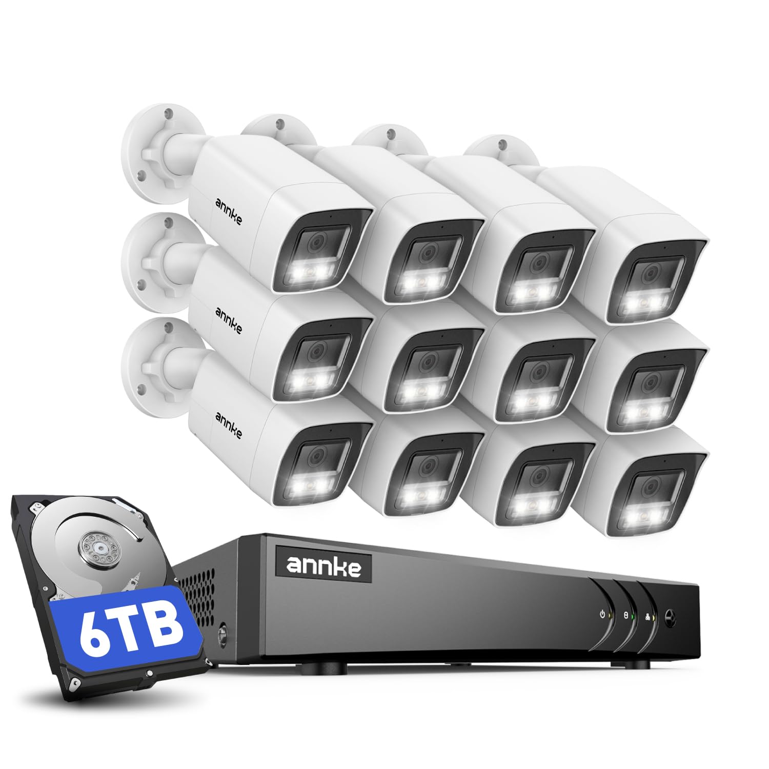 ANNKE 3K przewodowa kamera CCTV do monitoringu, zestaw z dwukierunkowym audio, 16-kanałowy 3K Lite DVR z kamerami 12 x 5 MP z podwójnym światłem, rozpoznawanie ludzi/pojazdu, kolorowy noktowizor, IP67