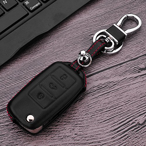 M.JVisun Leather Key Fob Case For Men Women Genuine Leather Key Fob Cover For Volkswagen / Skoda Key, Flip Car Remote Key Pouch Bag With Key Rings Kit Key Chain Keychain Holder Metal Hook - Black