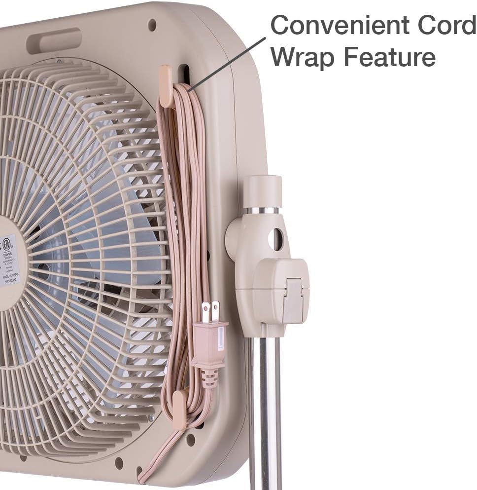 Close-up of the convenient cord wrap feature on the back of the fan, showing the power cord neatly wrapped around the integrated hooks.
