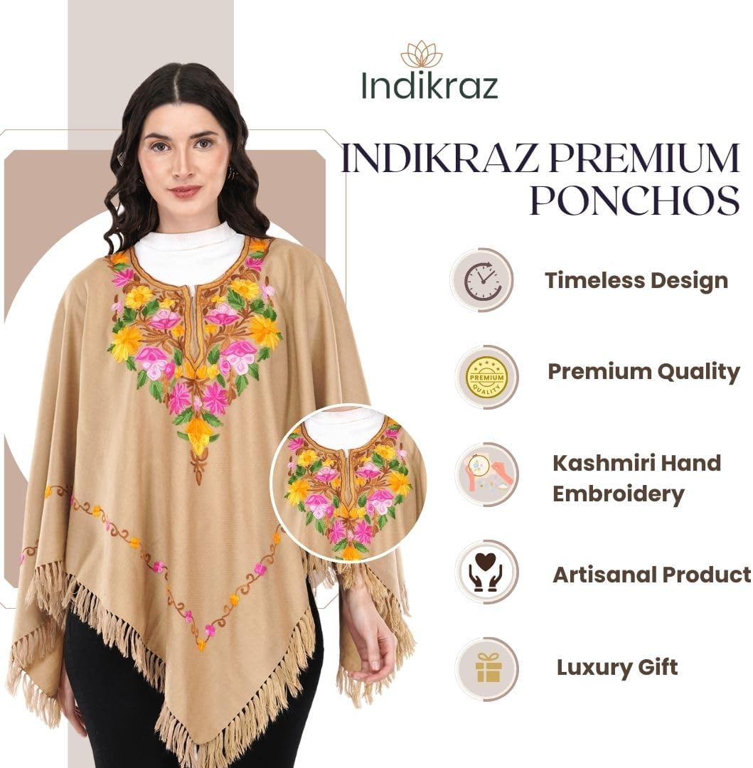 Premium Women's Kashmiri hand embroidery floral woollen poncho Indian cape wrap shrug Free size - Image 5