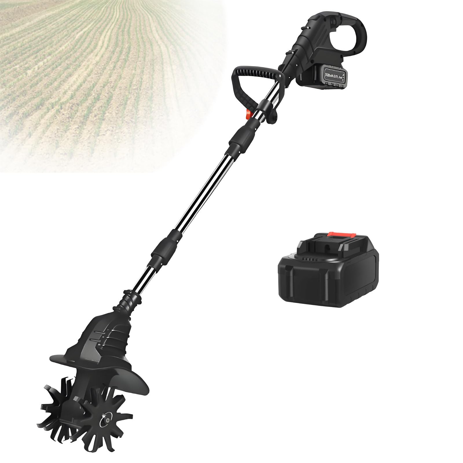 Motocoltivatore Elettrico A Batteria, Larghezza 20 Cm, Profondità 25 Cm, Motocoltivatore Ad Alta Velocità Da 270 Giri/Min Per Giardinaggio, Prato E Terreno,Black-FourBlades-1battery