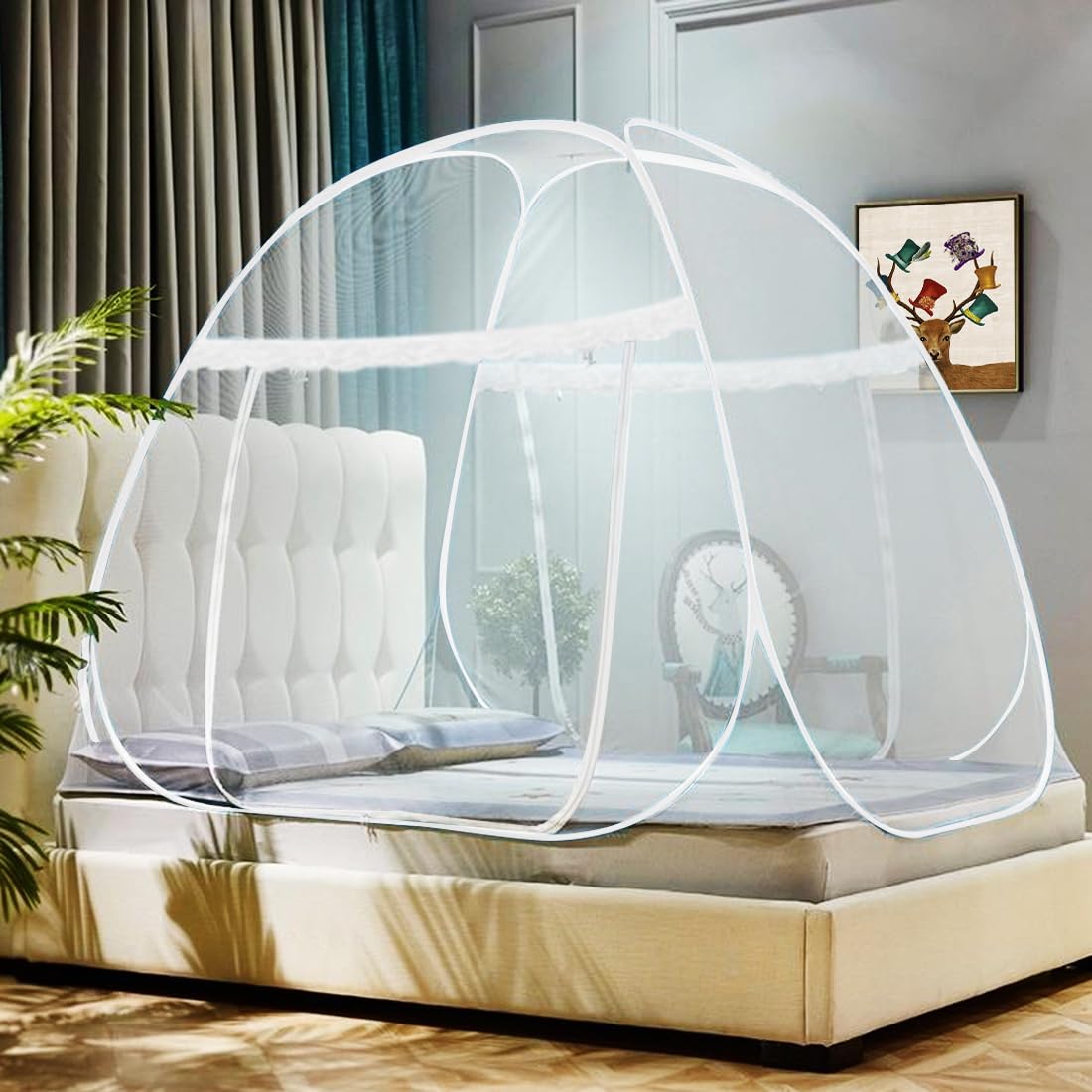 Omont Pop Up Bed Net Tent with Bottom, Folding Design Bed Canopy for Bedroom and Outdoor Trip,Easy to Install and Wash for Twin to King Size Bed (79 x71x59 inch)(White)