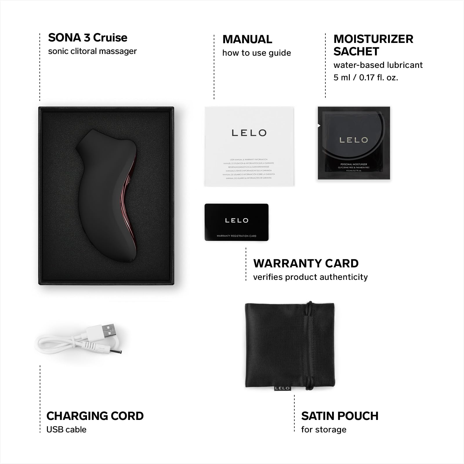 LELO SONA 3 Cruise, Masajeador Sónico Femenino con Aplicación por Bluetooth, Succionador de Clítoris Femenino, Juguetes Eroticos, 12 Modos con Más Potencia y Tecnología de Ondas Sónicas (Black)