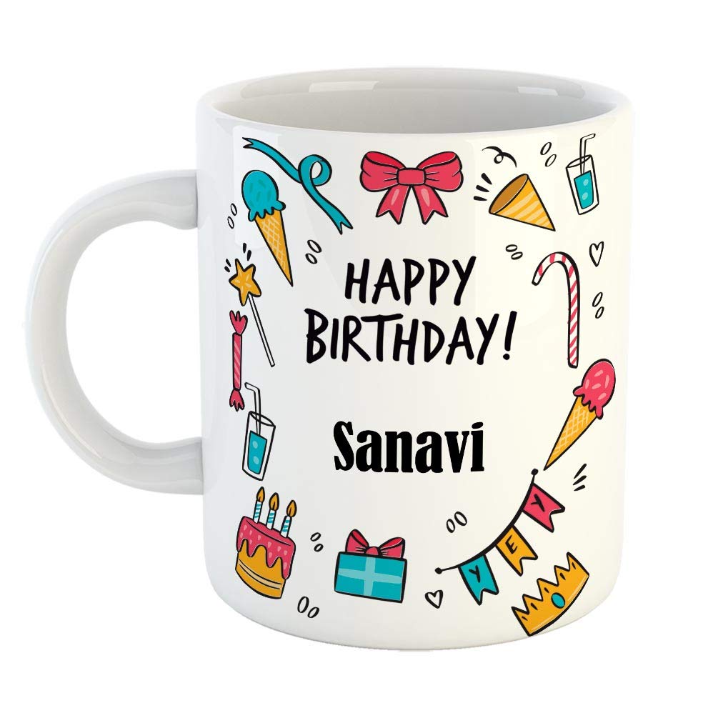 FurnishFantasyCeramic Coffee Mug - Best Gift for Happy Birthday Mug, Color - White, Name - Sanavi