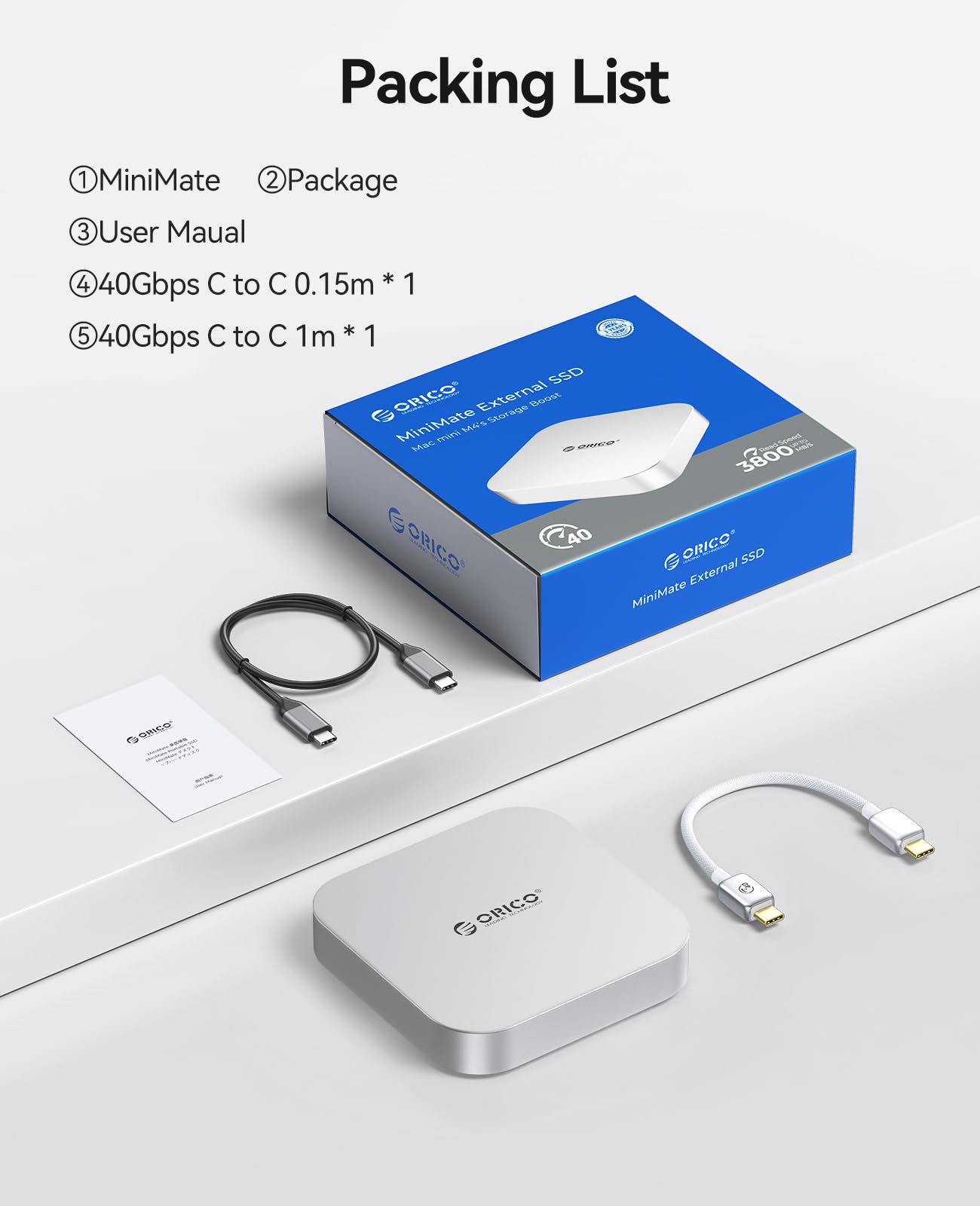 ORICO Minimate Mac mini M4 SSD 4 TB pamięci, zewnętrzne rozszerzenie SSD do Mac mini M4/M4 Pro, zewnętrzny dysk SSD NVMe (niewymienny) do 40 Gb/s (3800 MB/s) – srebrny