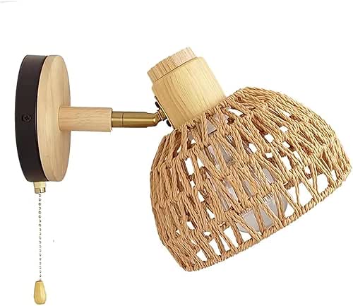 BUBYVV Rattan Wall Sconce Light with Pull Chain Switch, Rattan