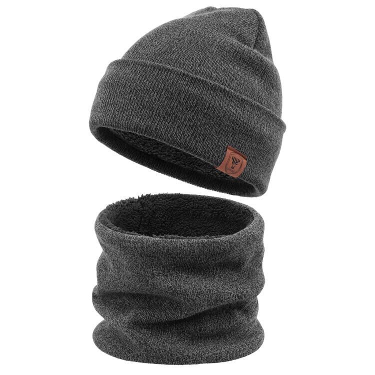 OZERO 2 in 1 Winter Warm Beanie Hut Schal Set, Strick Thermal Polar Fleece für Männer und Frauen Schwarz/Grau/Lila