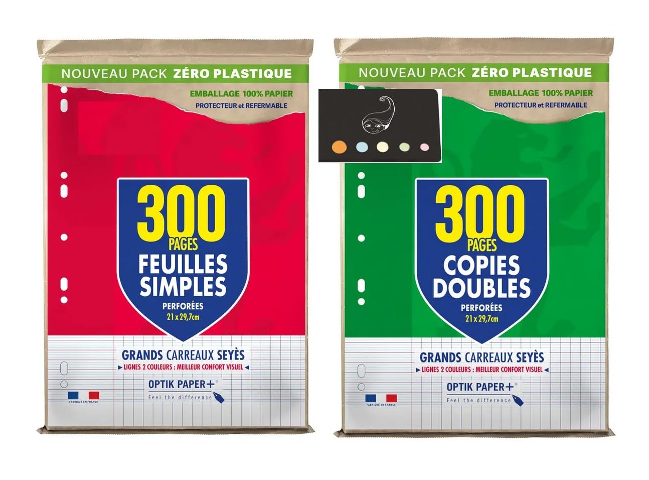 Lot de 300 feuilles simples + 300 copies doubles grand carreaux seyès perforées A4 + 1 Index Adhésif Blumie
