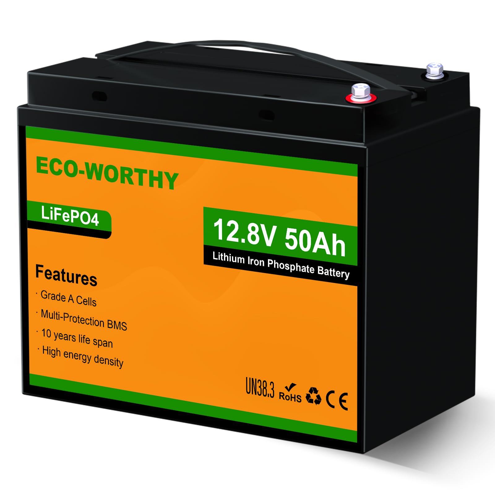 ECO-WORTHY 12V 50Ah Trolling Motor LiFePO4 Lithium Battery with BMS, 3000~15000 Times in Deep Cycle, for 30~50lb Trolling Motor, Travel Trailer, RV, Marine, Solar, Power Wheel Chair