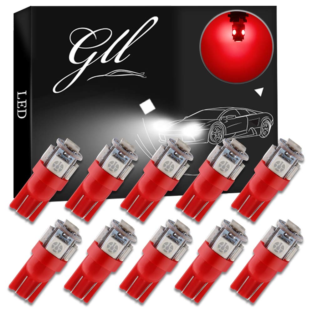 GLL MSA 10-Pack T10 501 LED Bulbs W5W 194 168 Red 5-SMD 5050 LED Car Interior,Dashboard,Number Plate,Sidelights Boot Light Bulbs (12 V)