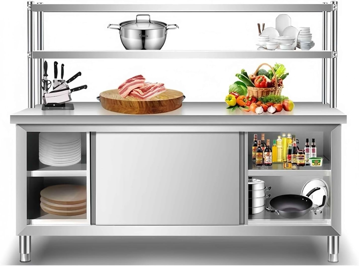 All-Stainless Steel Commercial Work Table with Double Door Storage Cabinet & Overshelves, Kitchen Prep Table for Home, Restaurant, Garage, Outdoor Use (80x50x80cm)